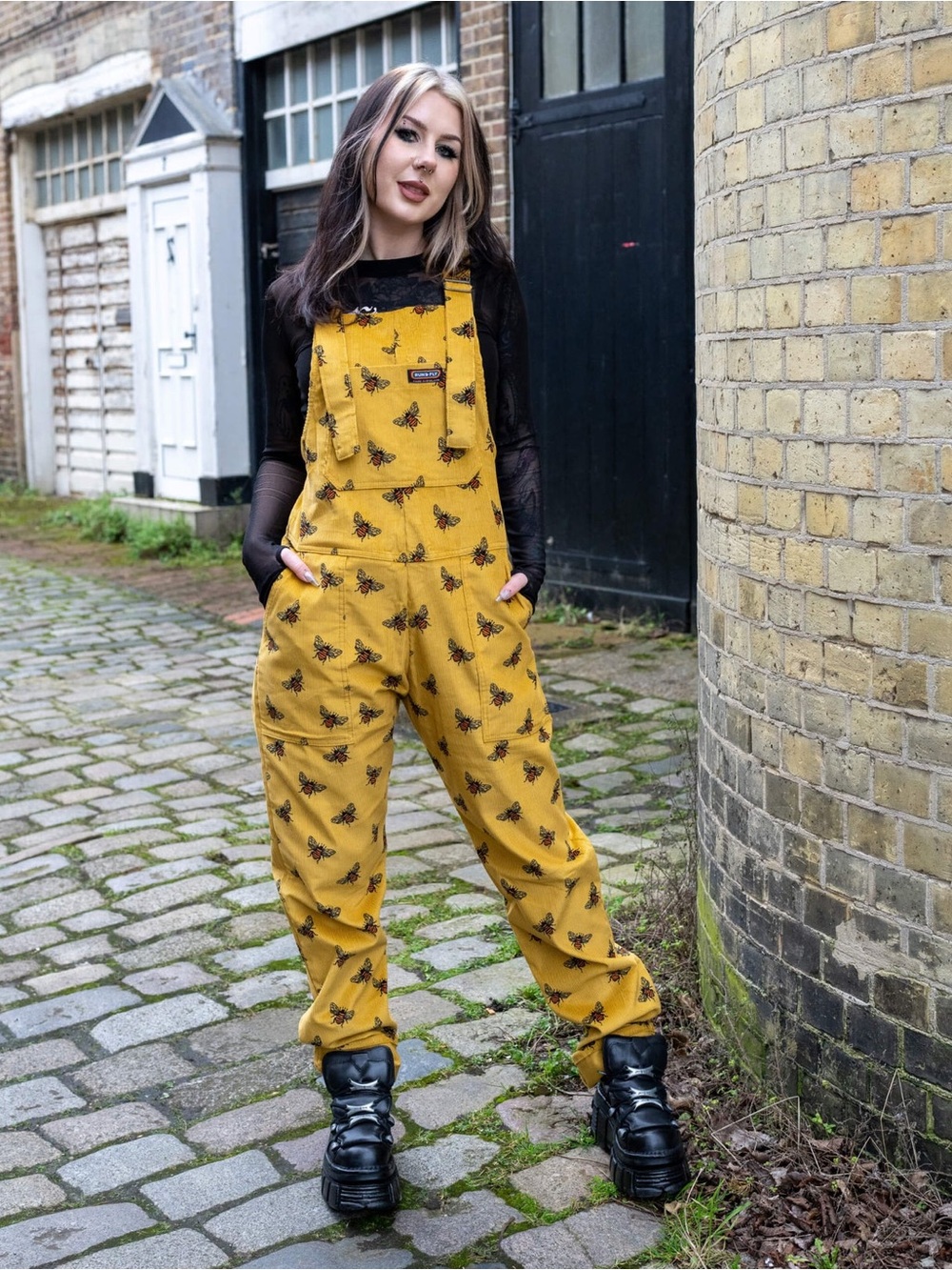 Gold Bee Print Cotton Corduroy Dungarees by Run and Fly